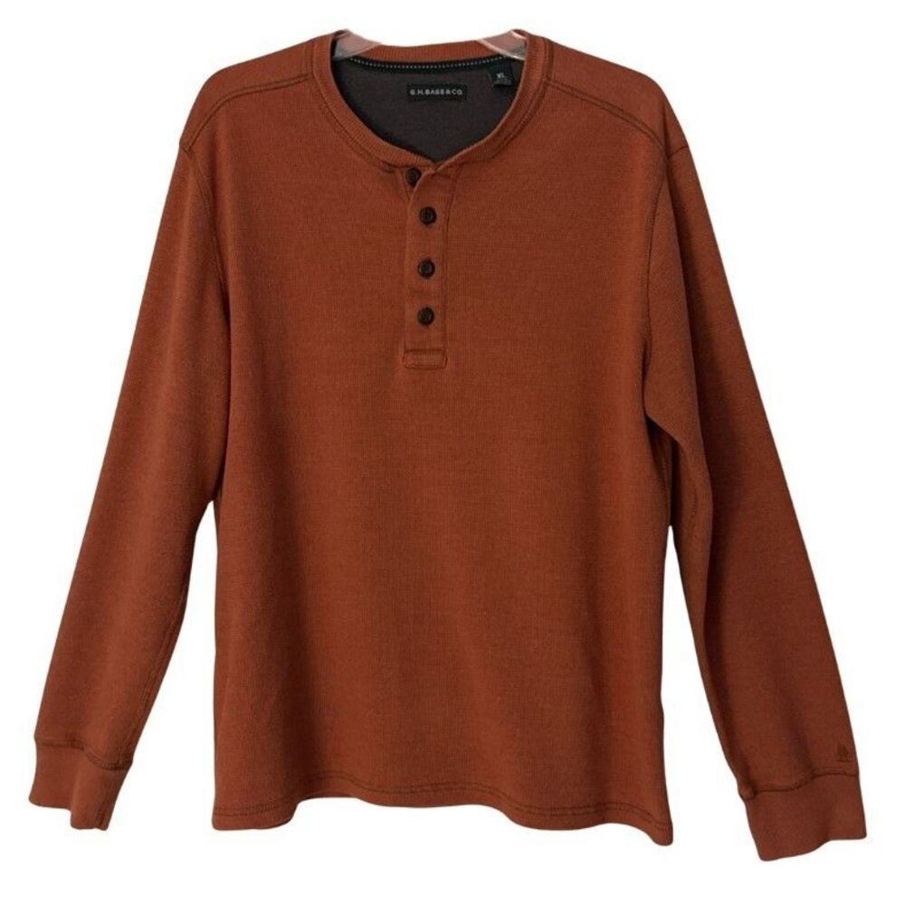 Vtg GH Bass Waffle Knit Henley Shirt Mens Sz XL Rust Rugged Thermal Outdoors